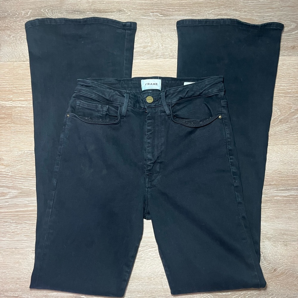 Frame Black Flare Jeans with Front Slit.